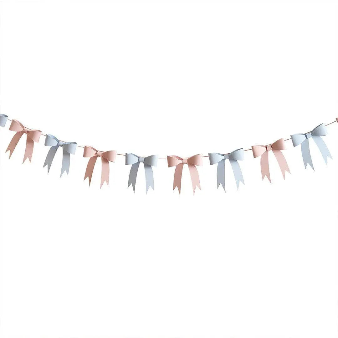 Paper Bow Garland - Pink and Blue 3D Bow Bunting - Vintage Coquette Party Decorations - Pastel Garland Kit - 2.5m Hanging Banner - Jolie Fete UK