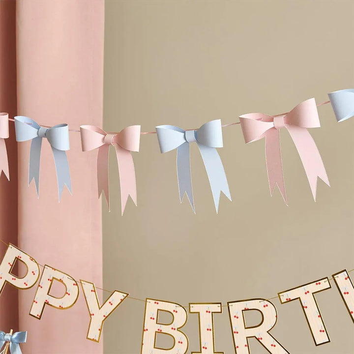 Paper Bow Garland - Pink and Blue 3D Bow Bunting - Vintage Coquette Party Decorations - Pastel Garland Kit - 2.5m Hanging Banner - Jolie Fete UK