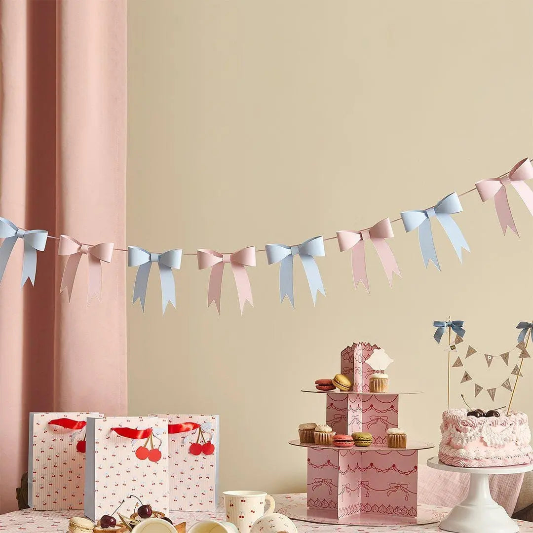 Paper Bow Garland - Pink and Blue 3D Bow Bunting - Vintage Coquette Party Decorations - Pastel Garland Kit - 2.5m Hanging Banner - Jolie Fete UK