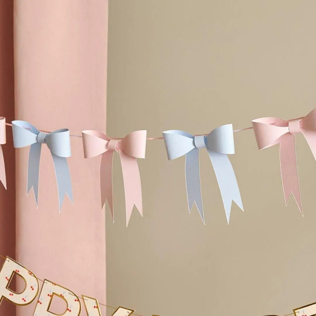 Paper Bow Garland - Pink and Blue 3D Bow Bunting - Vintage Coquette Party Decorations - Pastel Garland Kit - 2.5m Hanging Banner - Jolie Fete UK