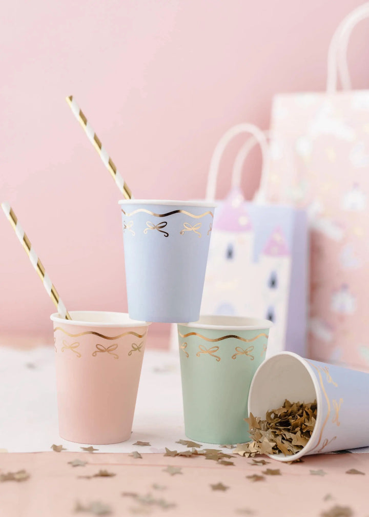 Paper Cups With Gold Bows - Pastel Blue, Pink & Green Party Cups - Coquette Party Decor -Unicorn Birthday Decorations-Unicorn Party Supplies - Jolie Fete UK