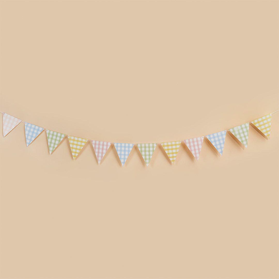 Pastel Gingham Bunting - Card Pennant Garland - Mixed Checkered Summer Party Decor - Garden BBQ, Hen Party, Baby Shower Decorations - 2.5m - Jolie Fete UK
