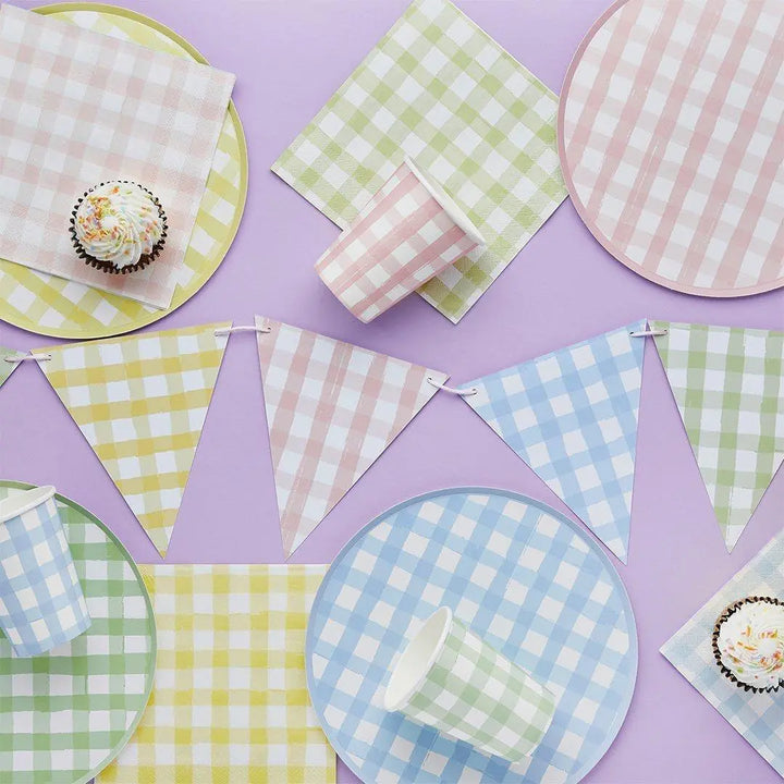Pastel Gingham Paper Cups - Checkered Design - Summer Garden Party, Picnic BBQ, Hen Party Decor - Birthday Party Decor - 4 Colours-Pack Of 8 - Jolie Fete UK