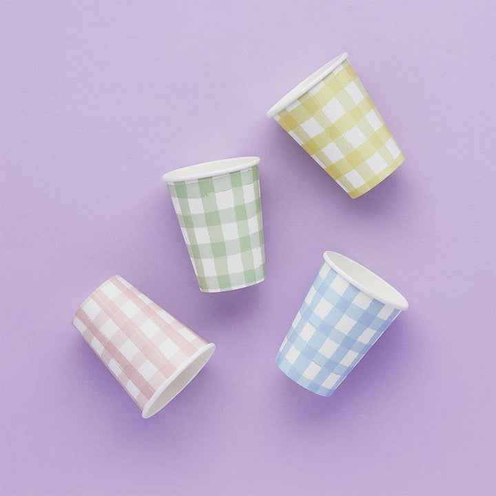 Pastel Gingham Paper Cups - Checkered Design - Summer Garden Party, Picnic BBQ, Hen Party Decor - Birthday Party Decor - 4 Colours-Pack Of 8 - Jolie Fete UK