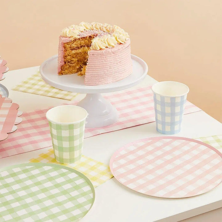 Pastel Gingham Paper Plates - Checkered Design - Summer Garden Party, Picnic BBQ, Hen Party Decor - Birthday Party Decor-4 Colours-Pack Of 8 - Jolie Fete UK