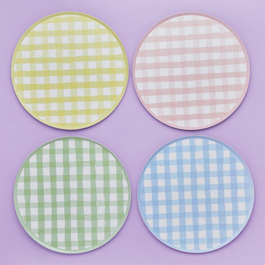 Pastel Gingham Paper Plates - Checkered Design - Summer Garden Party, Picnic BBQ, Hen Party Decor - Birthday Party Decor-4 Colours-Pack Of 8 - Jolie Fete UK