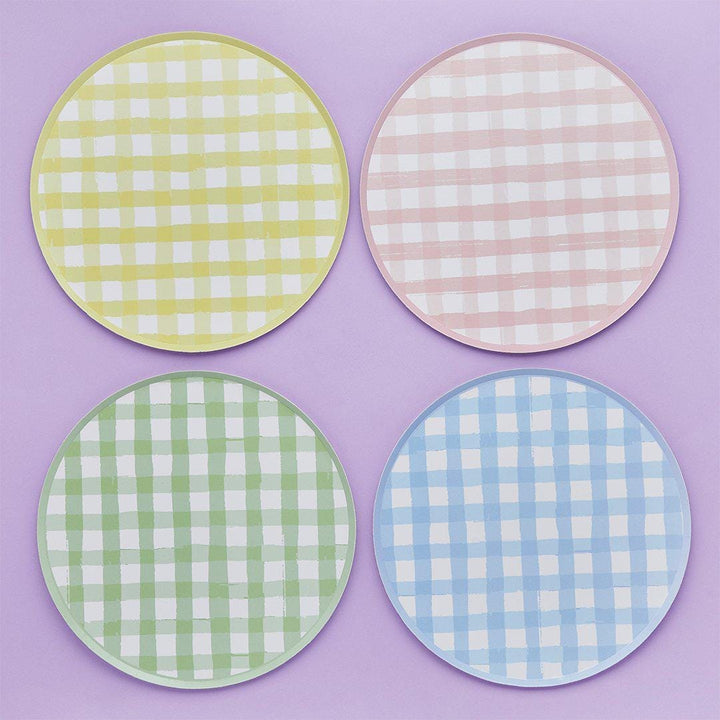 Pastel Gingham Paper Plates - Checkered Design - Summer Garden Party, Picnic BBQ, Hen Party Decor - Birthday Party Decor-4 Colours-Pack Of 8 - Jolie Fete UK