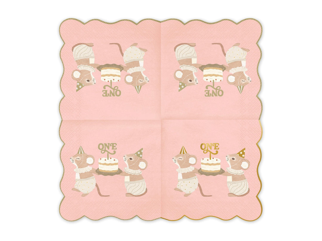 Pink One Mouse Paper Napkins - Girls 1st Birthday Party Tableware - Storybook Mice Luncheon Napkins - Neutral Toddler Decor - Pack Of 12 - Jolie Fete UK