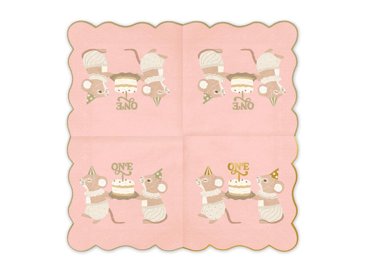 Pink One Mouse Paper Napkins - Girls 1st Birthday Party Tableware - Storybook Mice Luncheon Napkins - Neutral Toddler Decor - Pack Of 12 - Jolie Fete UK