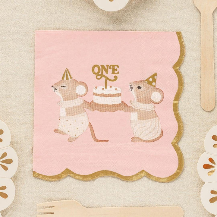 Pink One Mouse Paper Napkins - Girls 1st Birthday Party Tableware - Storybook Mice Luncheon Napkins - Neutral Toddler Decor - Pack Of 12 - Jolie Fete UK