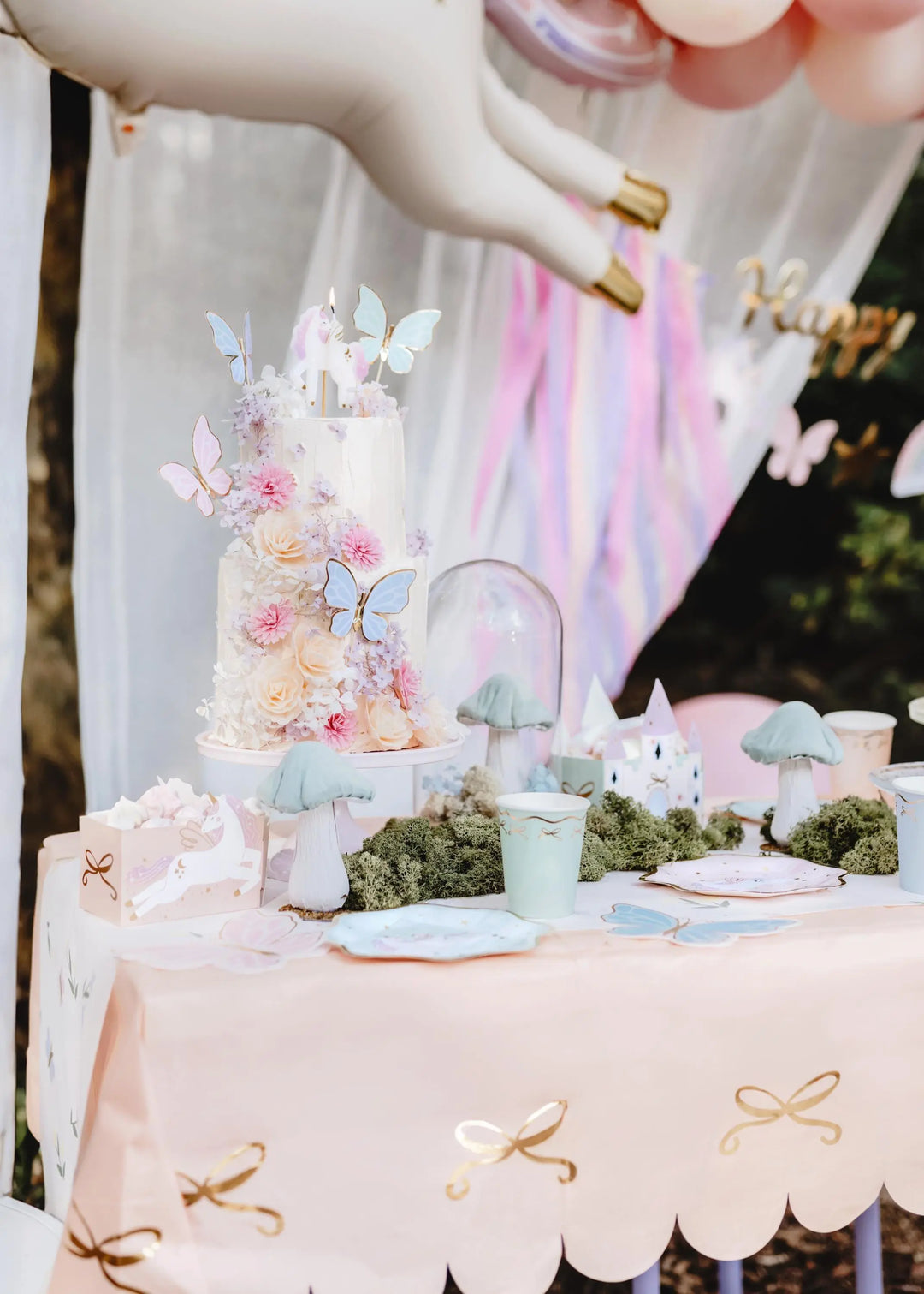 Pink Paper Tablecloth - Pastel Pink Party Supplies - Gold Bows - Unicorn Birthday Party Decorations - Coquette Theme - Princess -180 x 120cm - Jolie Fete UK