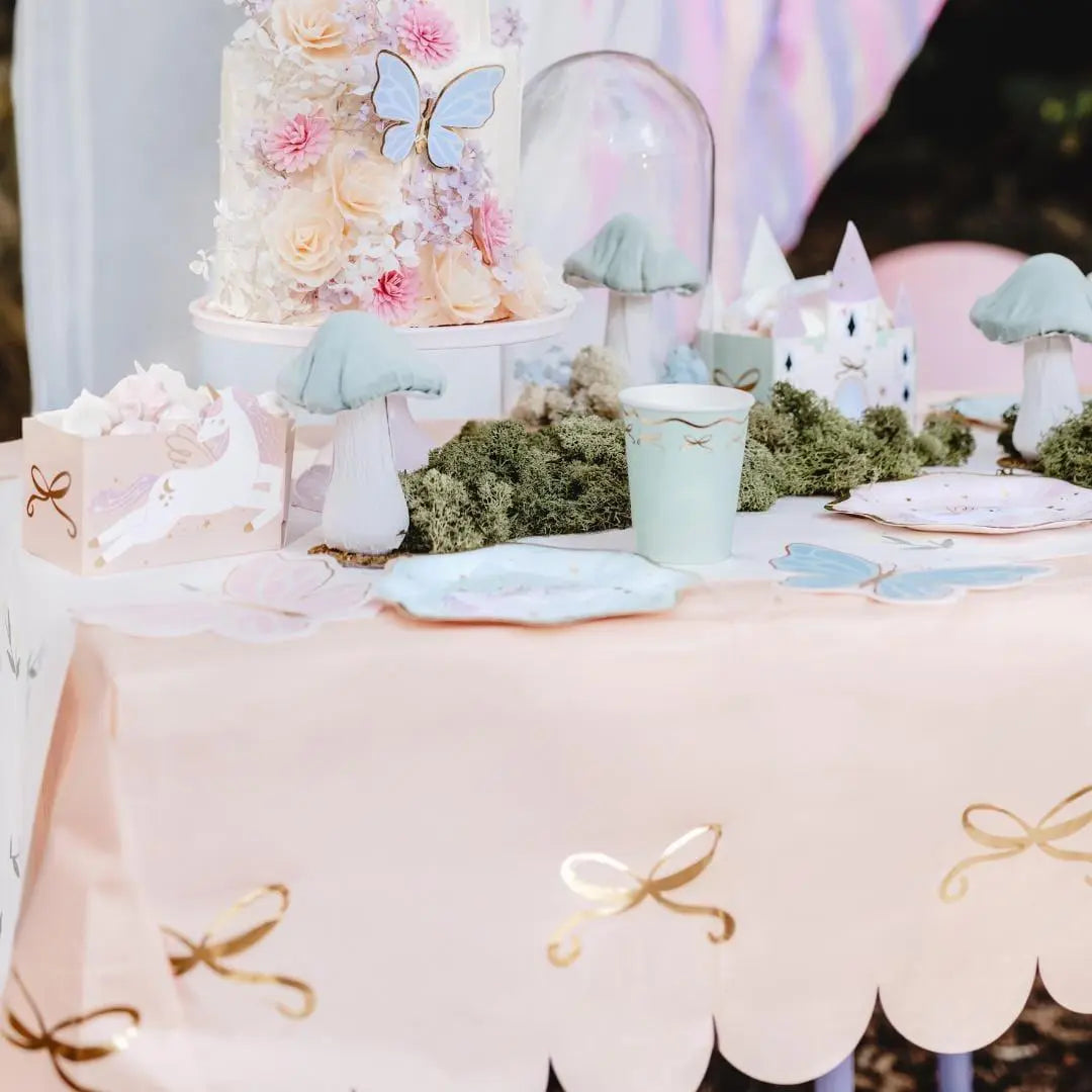 Pink Paper Tablecloth - Pastel Pink Party Supplies - Gold Bows - Unicorn Birthday Party Decorations - Coquette Theme - Princess -180 x 120cm - Jolie Fete UK