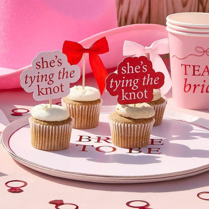 Pink & Red Bow Cupcake Toppers - She’s Tying The Knot Hen Party Food Picks - Coquette Hen Do Cake Decorations - Hootyballoo - Pack Of 12 - Jolie Fete UK
