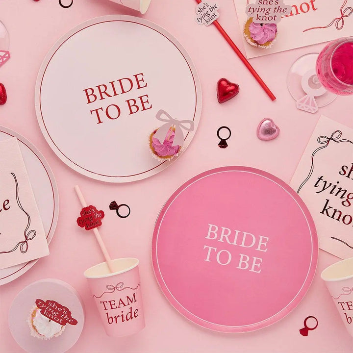 Pink & Red Bride To Be Paper Plates - She’s Tying The Knot Hen Party Theme - Coquette Hen Do - Two Designs-Bridal Shower Tableware-Pack of 8 - Jolie Fete UK