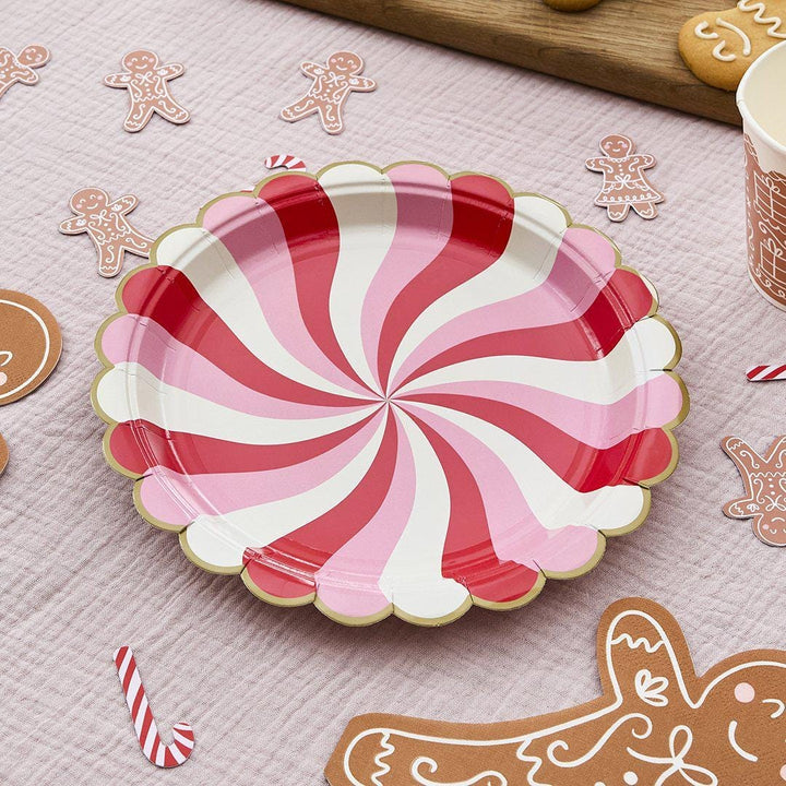 Pink & Red Paper Plates - Candy Cane Swirl Paper Party Plates - Christmas Decorations - Christmas Party - Pack Of 8 - Jolie Fete UK
