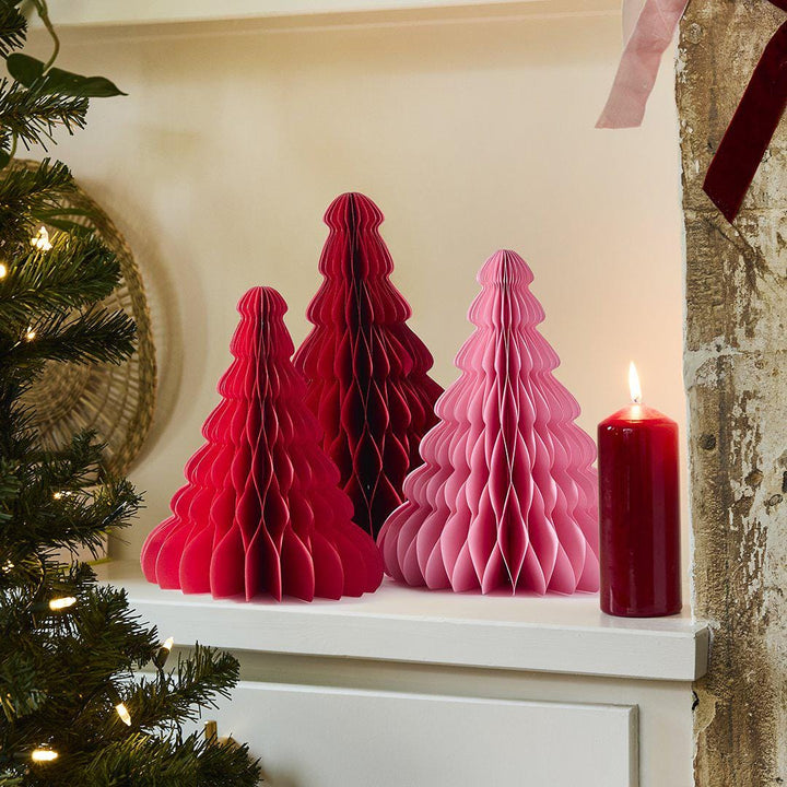 Honeycomb Trees - Pink & Red Honeycomb Christmas Trees - Christmas Decorations - Holiday Decor - Pack Of 3 - Jolie Fete UK