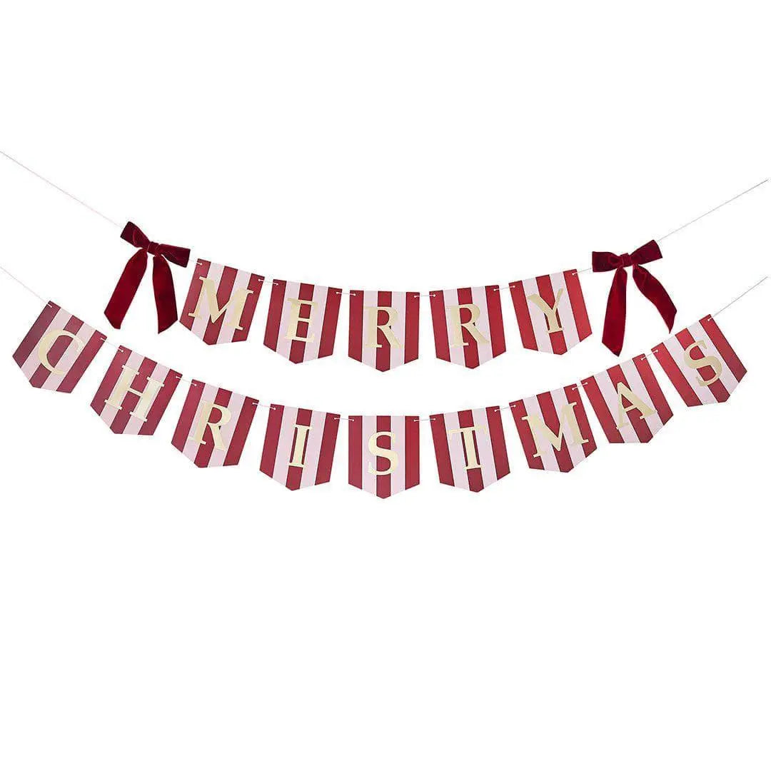 Merry Christmas Bunting - Pink & Red Stripe Christmas Garland With Red Velvet Bows - Christmas Decorations - Holiday Decor - Jolie Fete UK