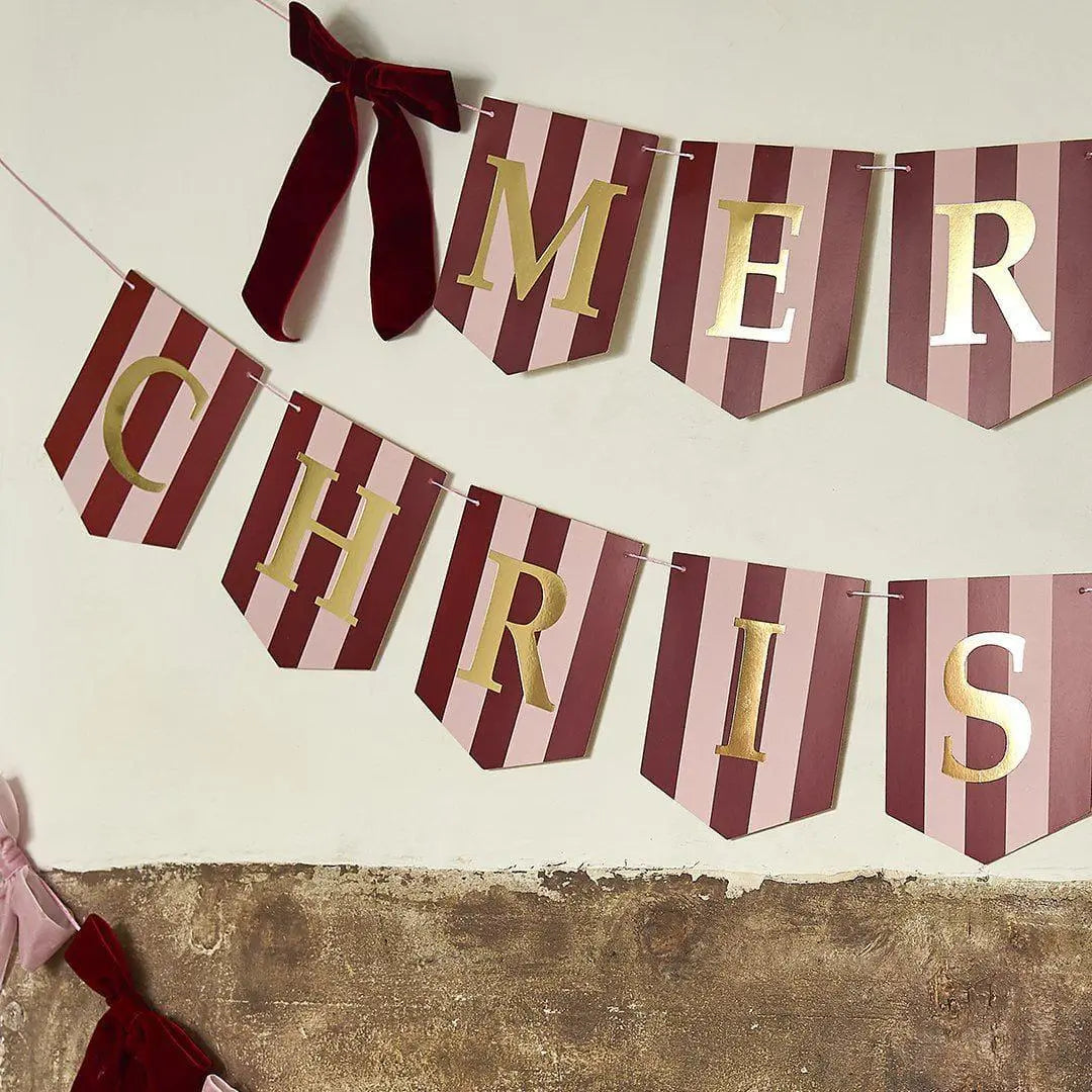 Merry Christmas Bunting - Pink & Red Stripe Christmas Garland With Red Velvet Bows - Christmas Decorations - Holiday Decor - Jolie Fete UK
