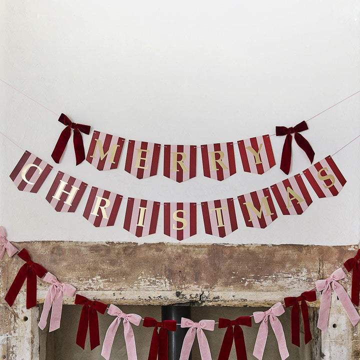 Merry Christmas Bunting - Pink & Red Stripe Christmas Garland With Red Velvet Bows - Christmas Decorations - Holiday Decor - Jolie Fete UK