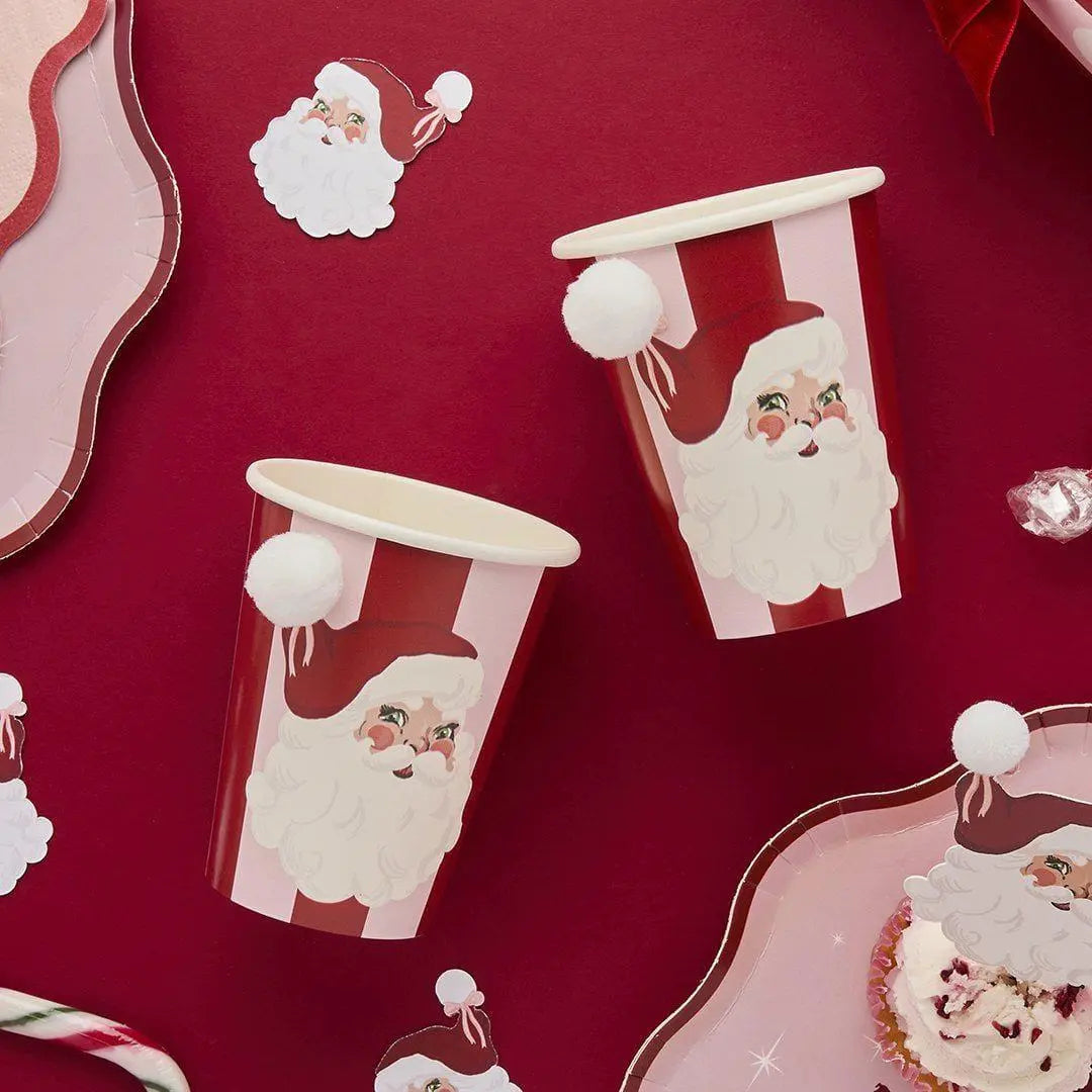 Pink & Red Santa Paper Cups - Christmas Cups With Pom Pops - Vintage Christmas Party -Christmas Decorations - Retro Holiday Decor -Pack Of 8 - Jolie Fete UK