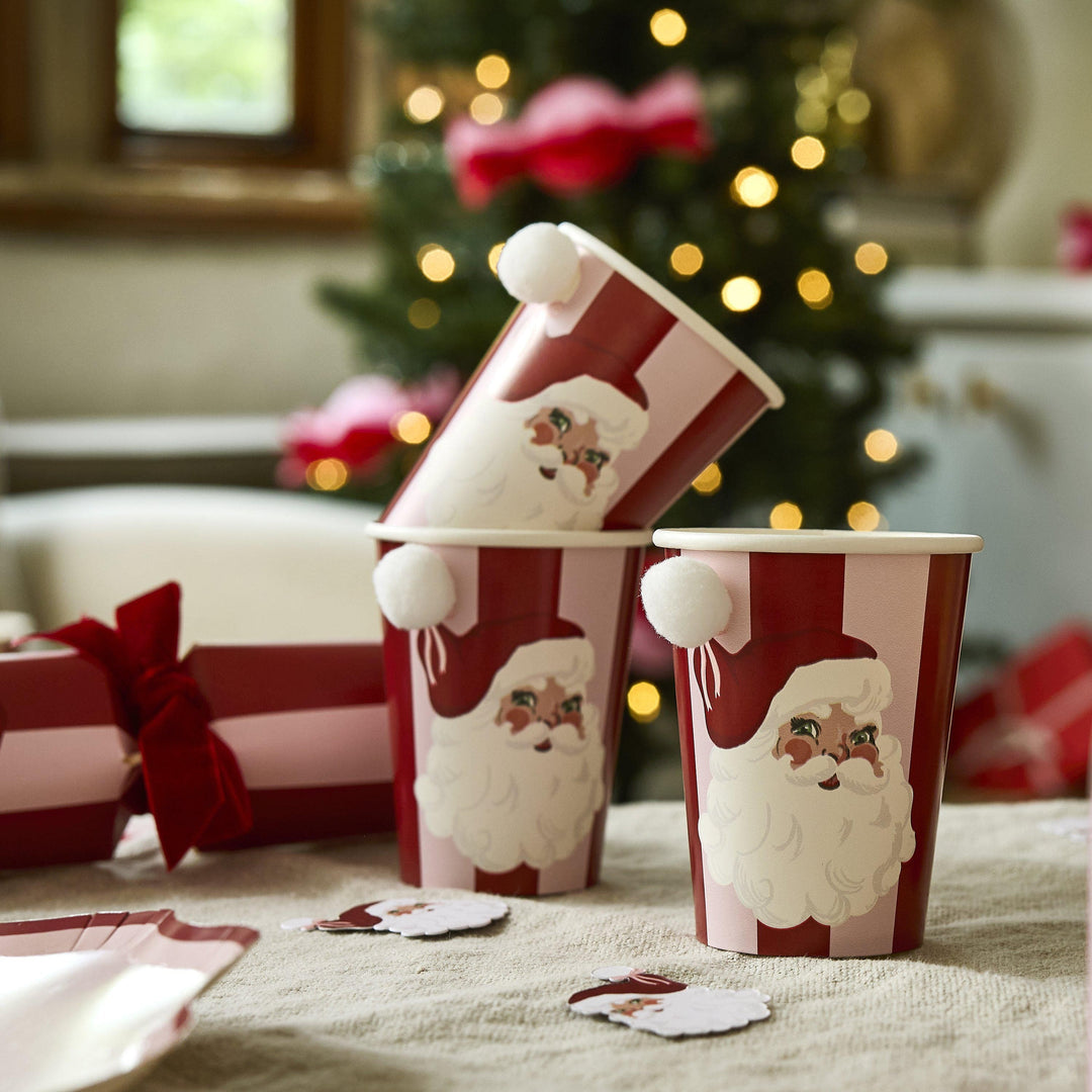 Pink & Red Santa Paper Cups - Christmas Cups With Pom Pops - Vintage Christmas Party -Christmas Decorations - Retro Holiday Decor -Pack Of 8 - Jolie Fete UK