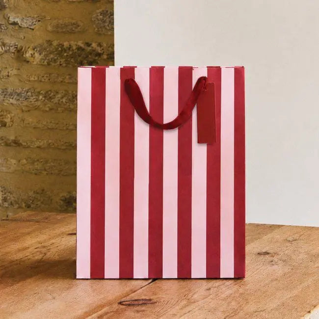 Pink & Red Striped Small Gift Bag - Ribbon Handle Christmas Gift Bag - Birthday Party Favour Bag - Present Wrap Bag - Gift Bag With Tag - Jolie Fete UK