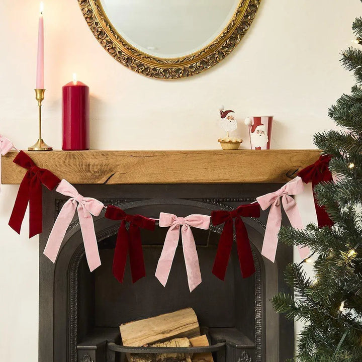 Pink & Red Velvet Bow Garland - Christmas Bunting With Red And Pink Velvet Bows - Christmas Decorations - Jolie Fete UK