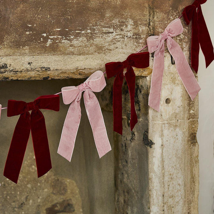 Pink & Red Velvet Bow Garland - Christmas Bunting With Red And Pink Velvet Bows - Christmas Decorations - Jolie Fete UK