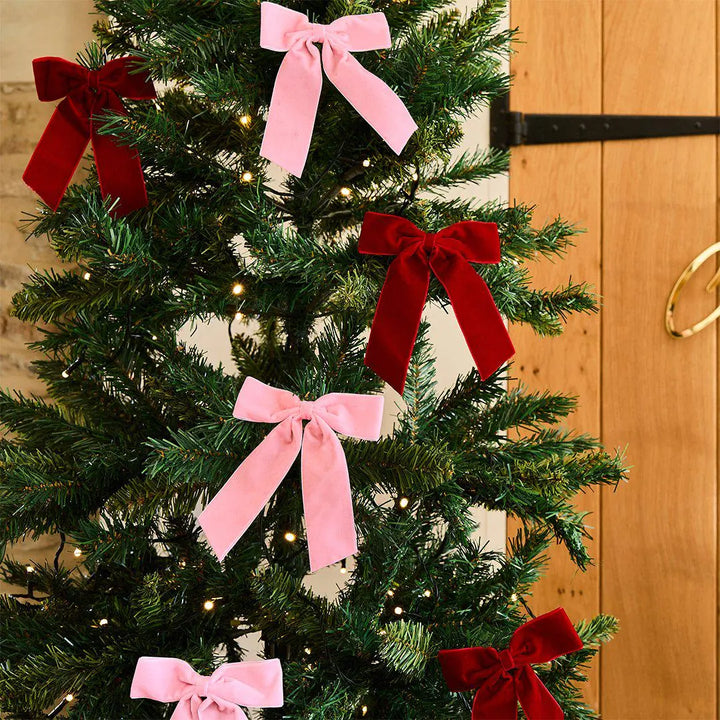 Pink & Red Velvet Bow Clip Christmas Tree Decorations - Xmas Bow Ornaments - Velvet Ribbon Tree Clips - Festive Home Decor - Pack of 6 - Jolie Fete UK
