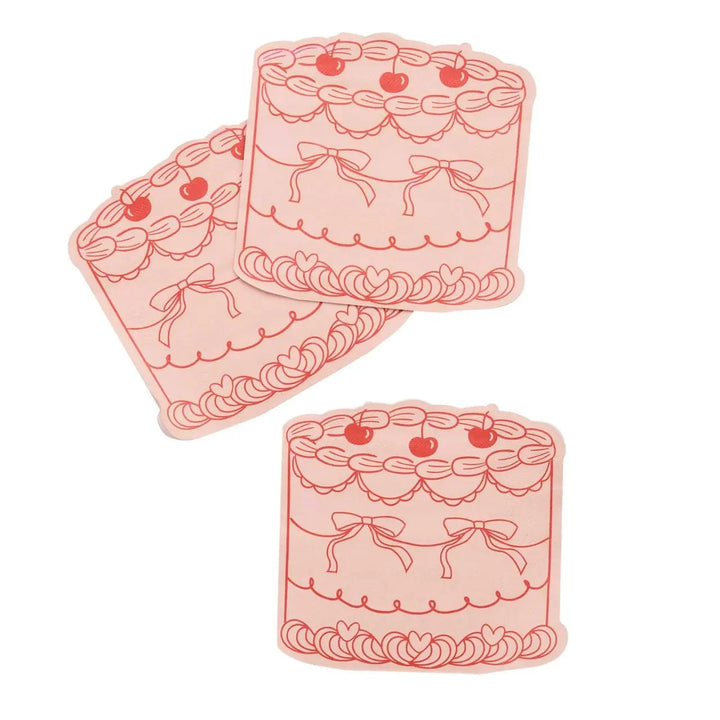 Pink Vintage Cake Napkins - Rococo Cherries Coquette Party Decor - Gateau Shaped Paper Napkins for Tea Party & Birthday - Pack of 16 - Jolie Fete UK