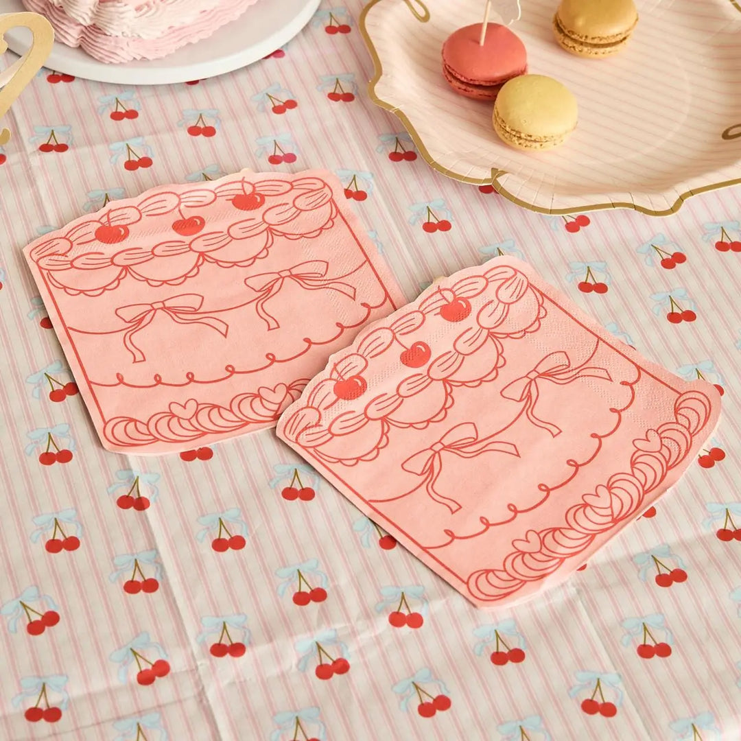 Pink Vintage Cake Napkins - Rococo Cherries Coquette Party Decor - Gateau Shaped Paper Napkins for Tea Party & Birthday - Pack of 16 - Jolie Fete UK