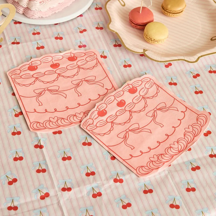 Pink Vintage Cake Napkins - Rococo Cherries Coquette Party Decor - Gateau Shaped Paper Napkins for Tea Party & Birthday - Pack of 16 - Jolie Fete UK