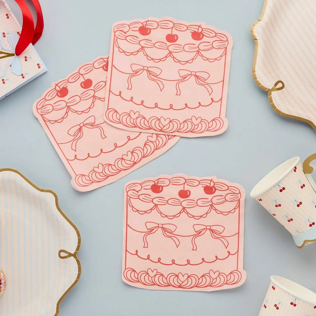 Pink Vintage Cake Napkins - Rococo Cherries Coquette Party Decor - Gateau Shaped Paper Napkins for Tea Party & Birthday - Pack of 16 - Jolie Fete UK