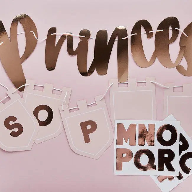 Princess Customisable Card Banner - Personalised Party Bunting 2m x2 with Pennants & Sticker Sheets - Girls Birthday Party Decoration - Jolie Fete UK