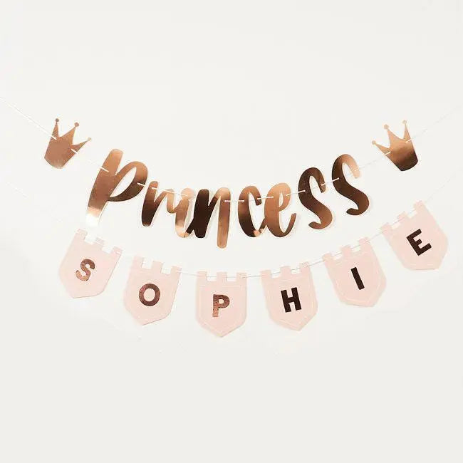 Princess Customisable Card Banner - Personalised Party Bunting 2m x2 with Pennants & Sticker Sheets - Girls Birthday Party Decoration - Jolie Fete UK