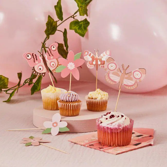 Princess Party Cake Toppers - Flower & Butterfly Food Picks - Cupcake Decorations - Fairy Garden Party Supplies - Pack of 12 - Jolie Fete UK