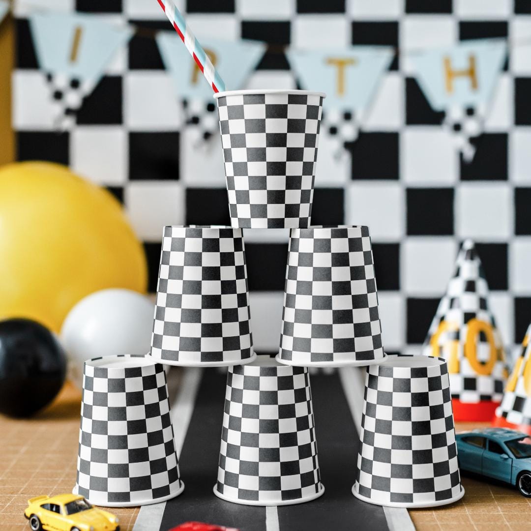 Racing Car Cups - Checkered Flag Paper Party Cups - Racing Car Party - F1 Theme - Kids Birthday Party Supplies - Pack Of 6 - Jolie Fete UK