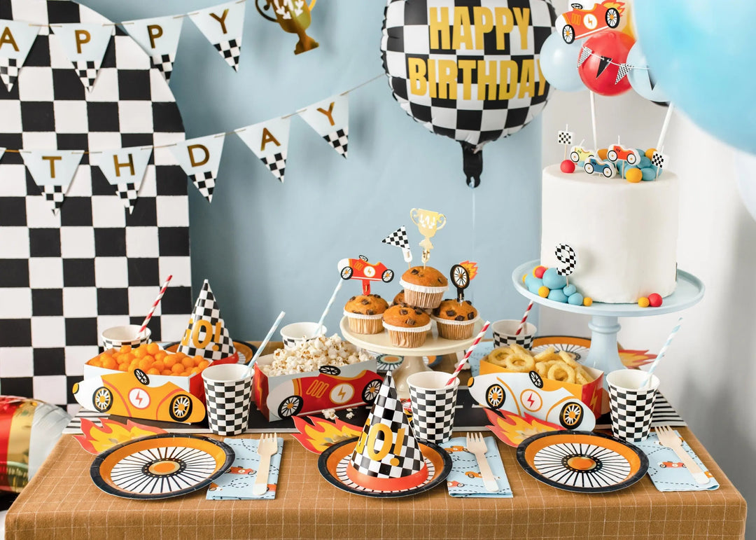 Racing Car Cups - Checkered Flag Paper Party Cups - Racing Car Party - F1 Theme - Kids Birthday Party Supplies - Pack Of 6 - Jolie Fete UK