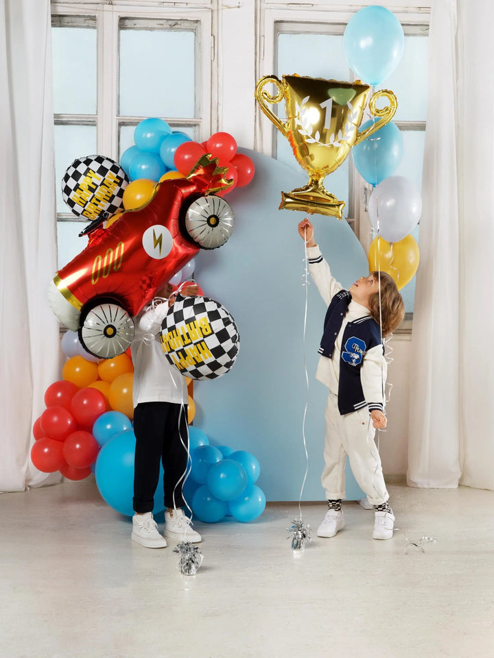 Happy Birthday Foil Balloon - Racing Car Party Balloon - Formula 1 Party - Light Blue Vintage Race Car Decor - Helium Or Air Inflation - 18" - Jolie Fete UK
