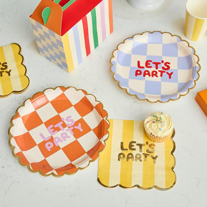 Rainbow Party Plates - Checkered Let's Party Paper Plates -Kids Birthday Tableware-Scalloped Gold Foil Plates-Colourful Birthday Party Decor - Jolie Fete UK