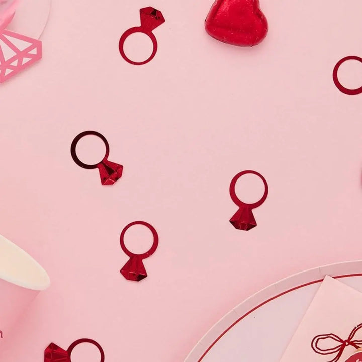 Red Diamond Ring Table Confetti - She’s Tying The Knot Hen Party Decorations - 14g Metallic Table Scatter - Coquette Bride To Be Decor - Jolie Fete UK