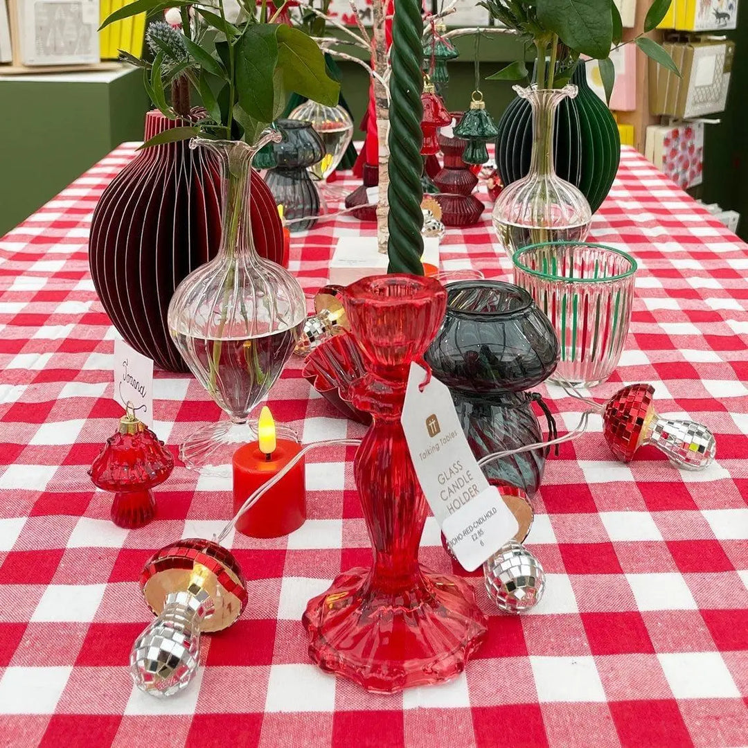 Red Glass Candle Holder - Dinner Candlestick Holder - Christmas Table Decorations - Boho Style - Jolie Fete UK