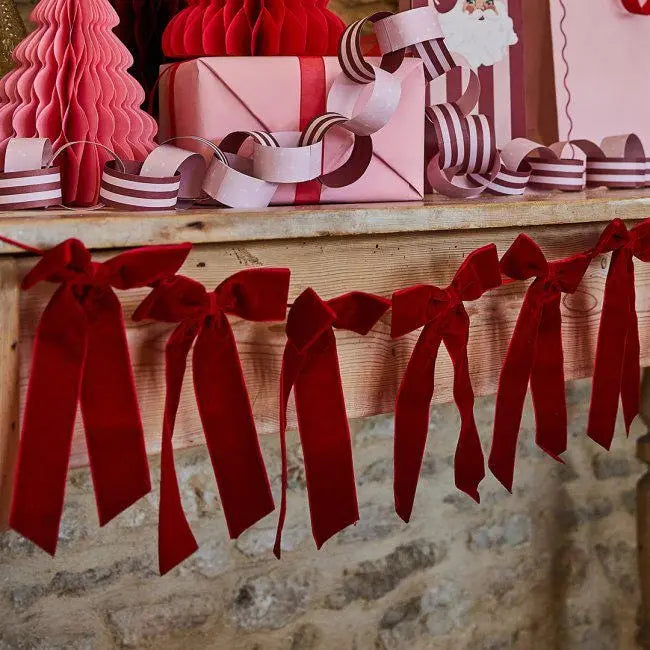 Red Velvet Bow Garland - 2m Christmas Decoration - Festive Red Bows for Wall Door Fireplace - Xmas Mantel Garland - Holiday Party Decor - Jolie Fete UK