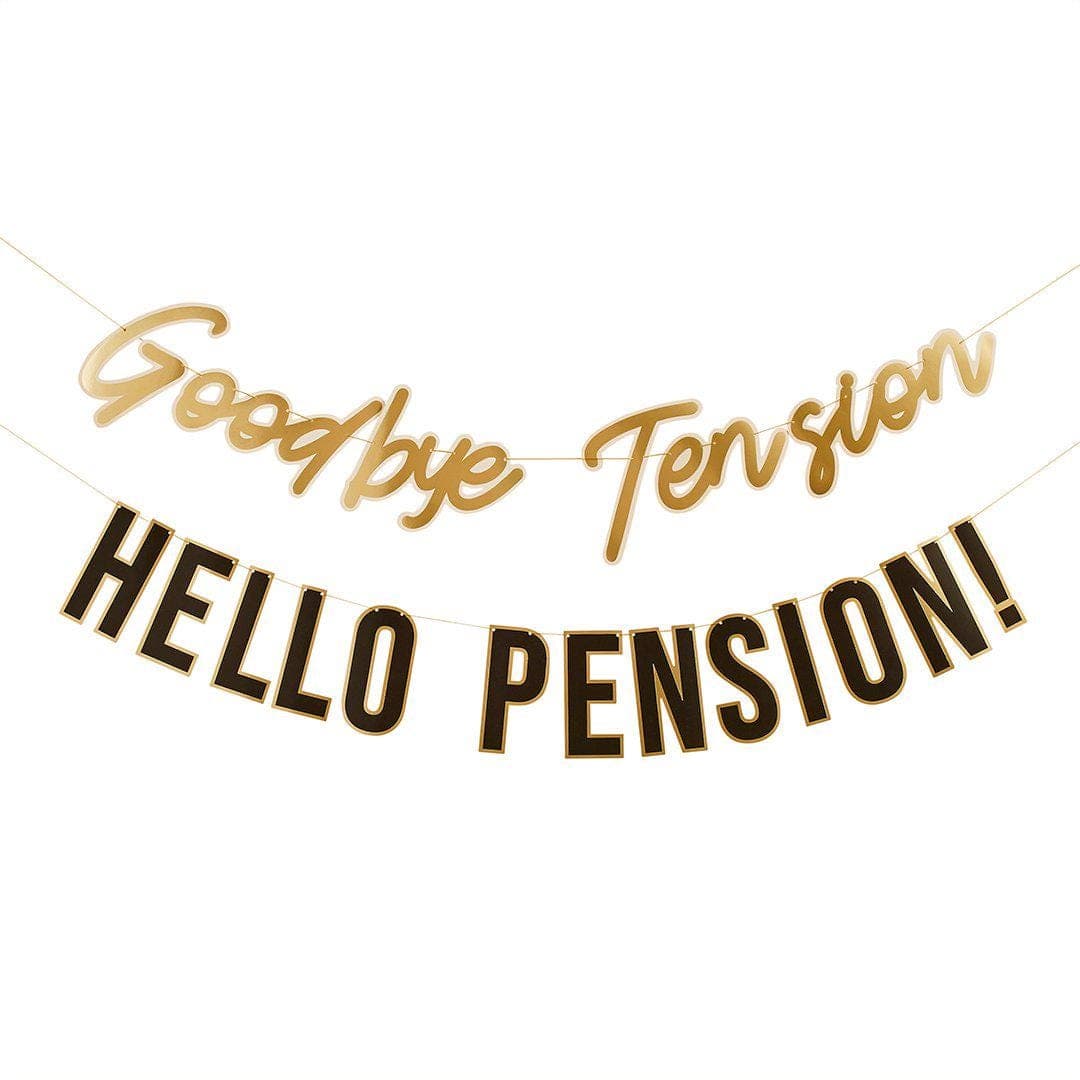 Retirement Banner - Goodbye Tension Hello Pension Bunting - Black & Gold Retirement Party Decorations - Happy Retirement Banner - 2m x 2 - Jolie Fete UK