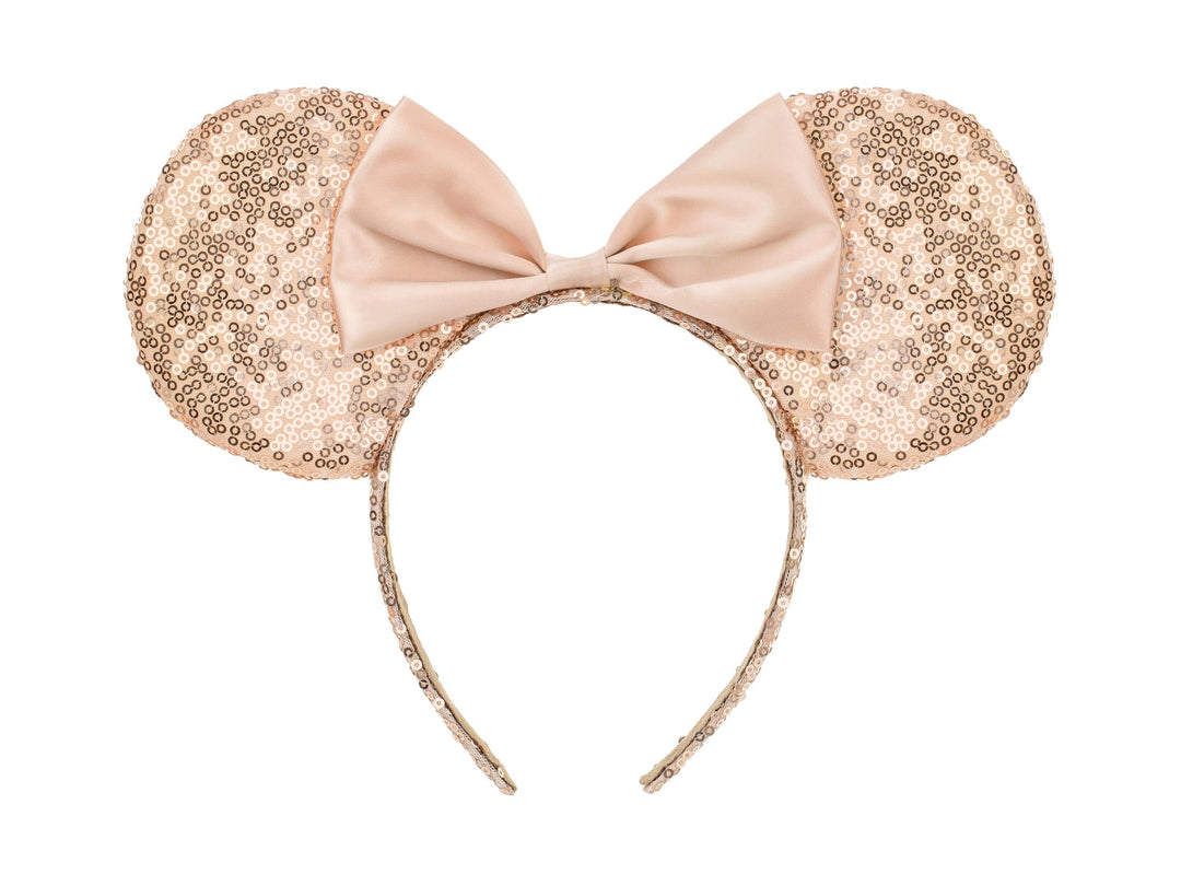 Rose Gold Mouse Ears Headband - Nude Sequin Party Hair Accessory - Dressing Up Ears With Bow - Magical Holiday Headpiece - Fancy Dress Gift - Jolie Fete UK