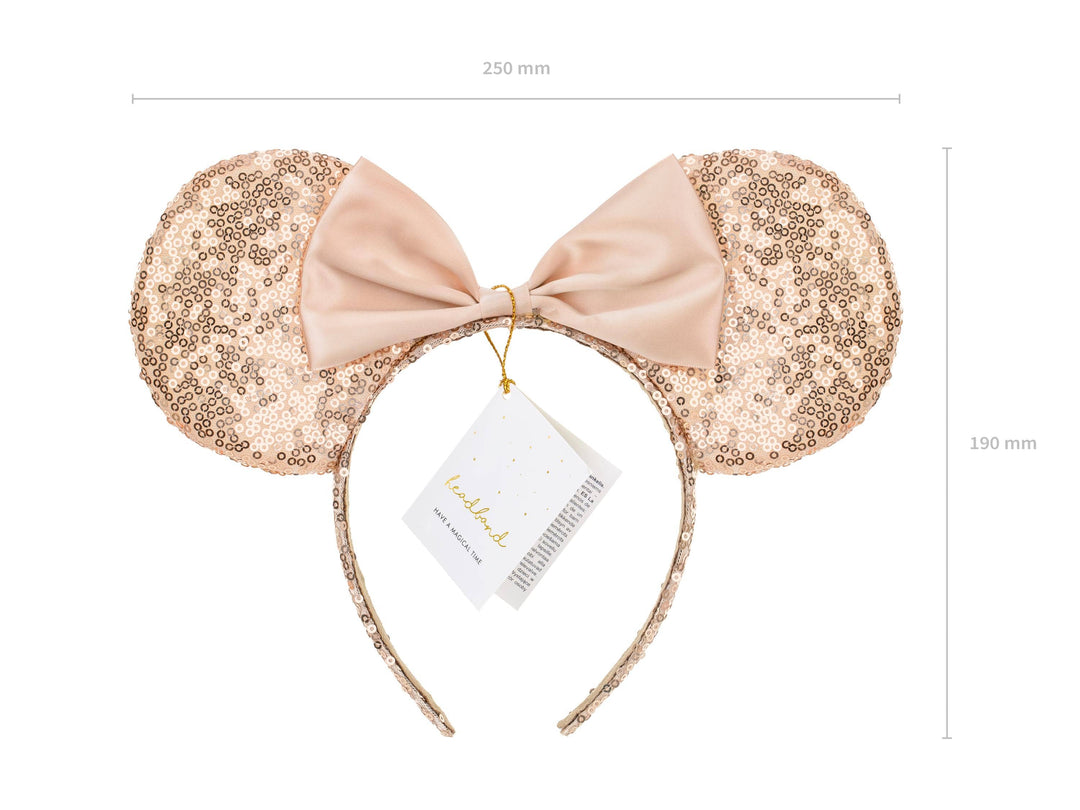 Rose Gold Mouse Ears Headband - Nude Sequin Party Hair Accessory - Dressing Up Ears With Bow - Magical Holiday Headpiece - Fancy Dress Gift - Jolie Fete UK