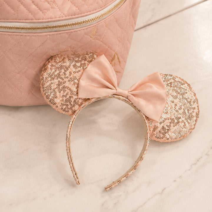 Rose Gold Mouse Ears Headband - Nude Sequin Party Hair Accessory - Dressing Up Ears With Bow - Magical Holiday Headpiece - Fancy Dress Gift - Jolie Fete UK
