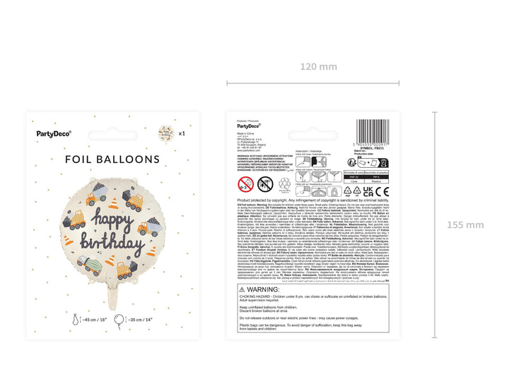 Construction Party Balloon - Happy Birthday Foil Balloon - Digger Vehicle Decorations - Truck Birthday - Cream Balloons - Construction Theme - Jolie Fete UK