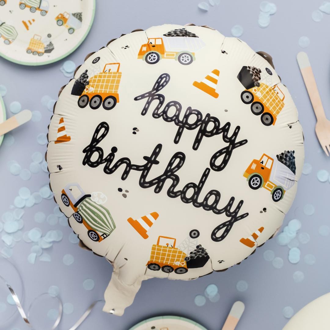 Construction Party Balloon - Happy Birthday Foil Balloon - Digger Vehicle Decorations - Truck Birthday - Cream Balloons - Construction Theme - Jolie Fete UK
