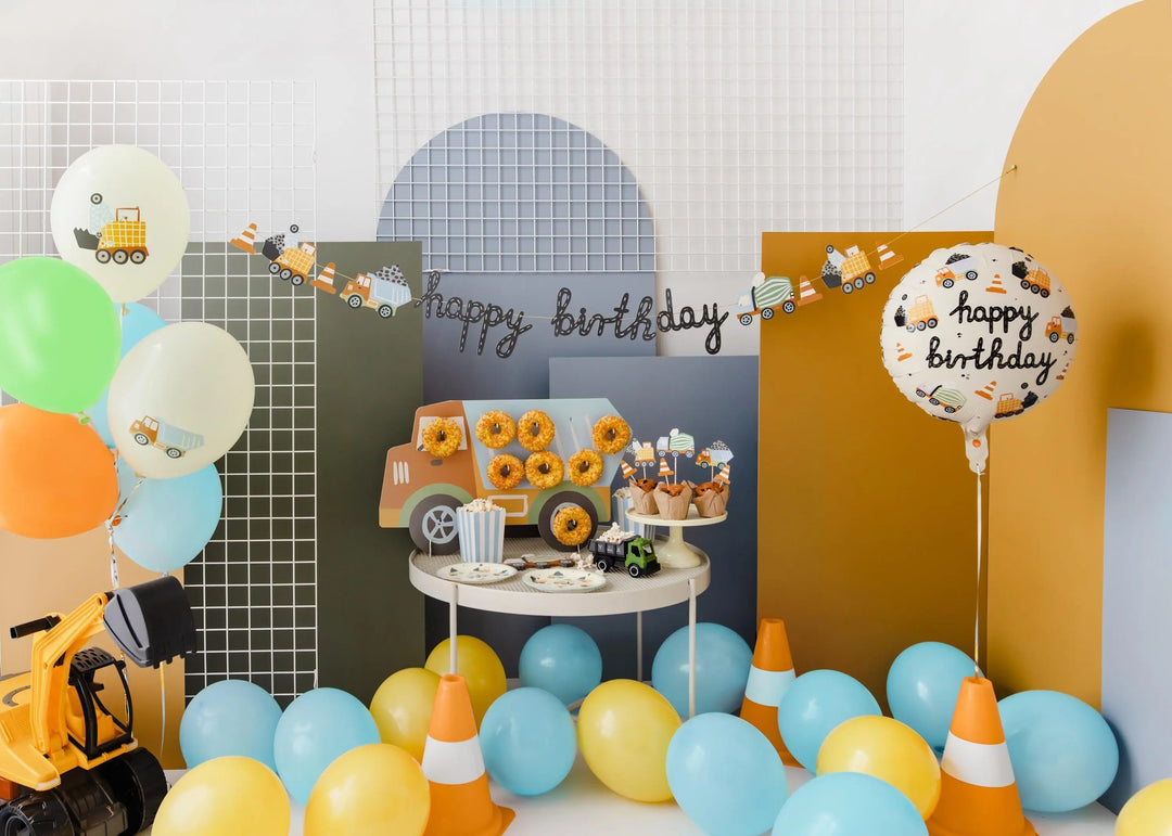 Construction Party Balloon - Happy Birthday Foil Balloon - Digger Vehicle Decorations - Truck Birthday - Cream Balloons - Construction Theme - Jolie Fete UK
